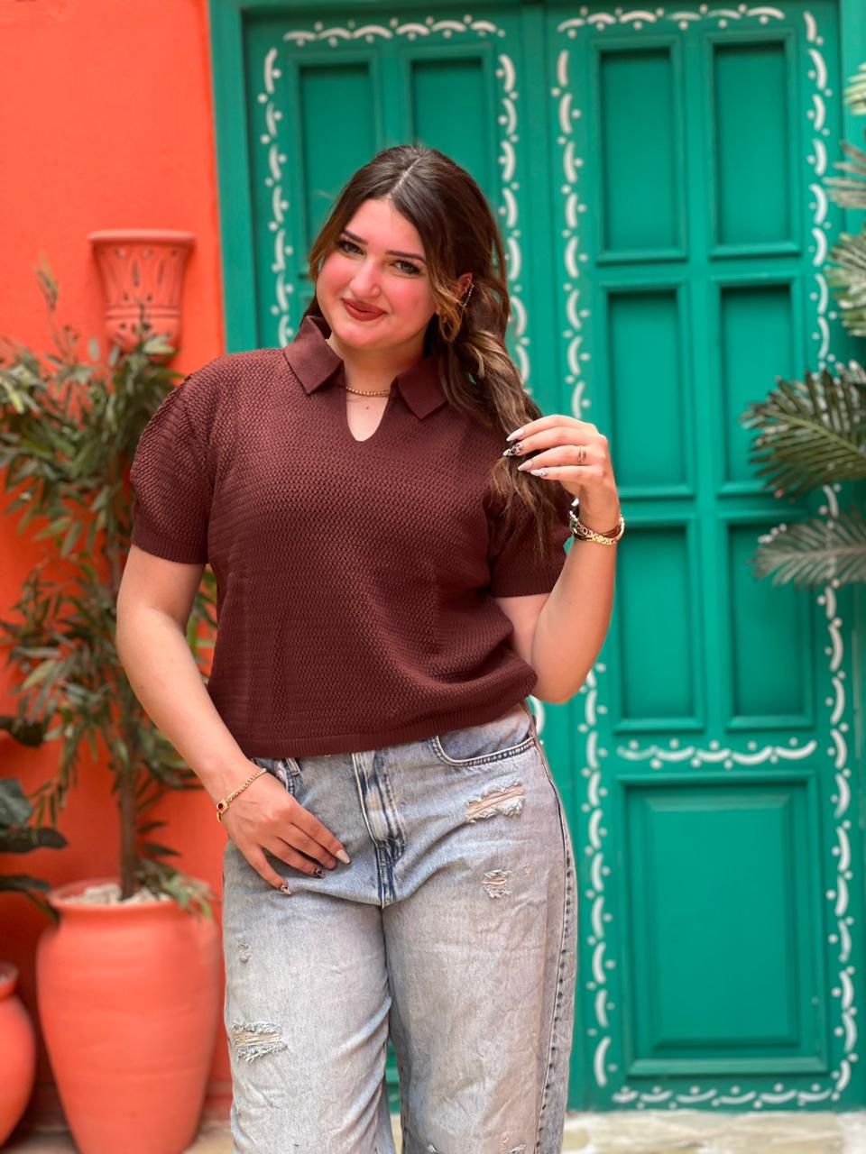 Open Knit Polo Top