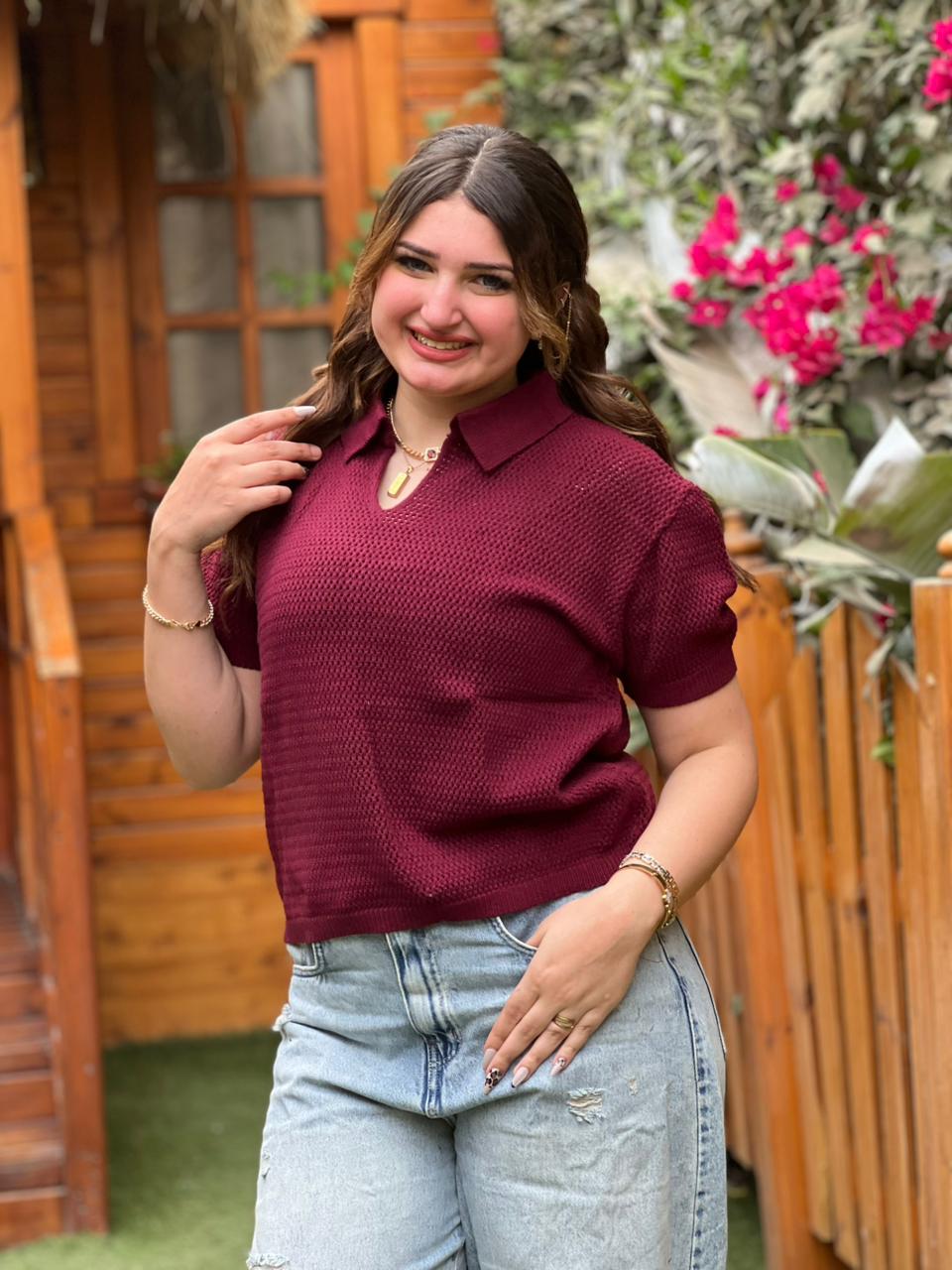 Open Knit Polo Top