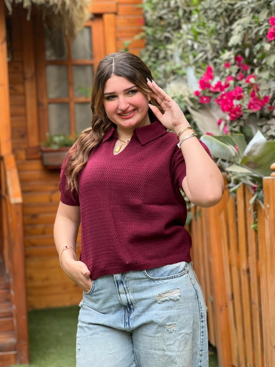 Open Knit Polo Top