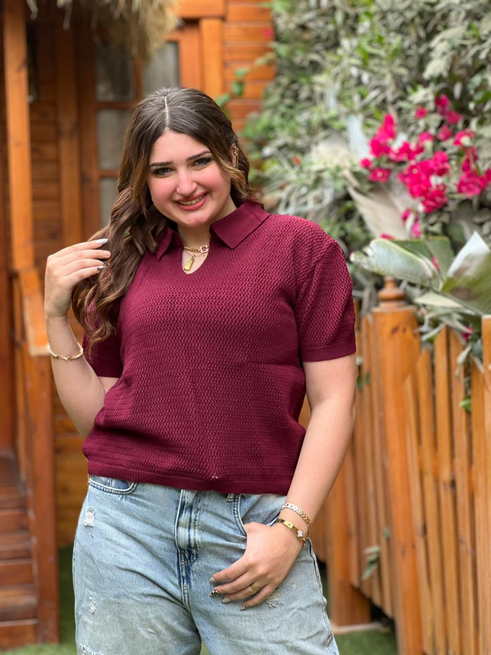 Open Knit Polo Top