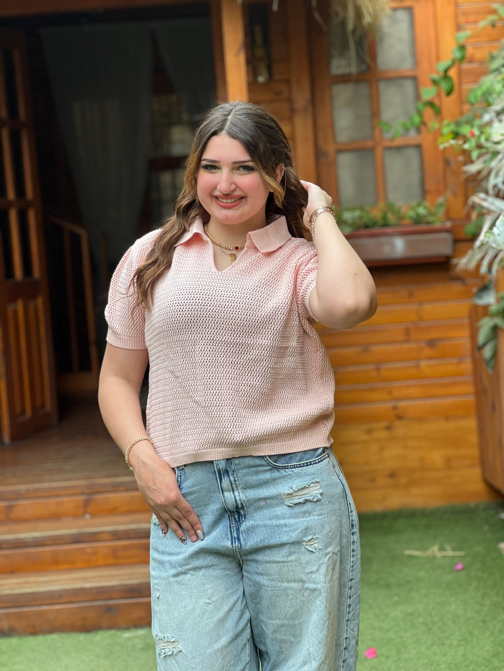 Open Knit Polo Top