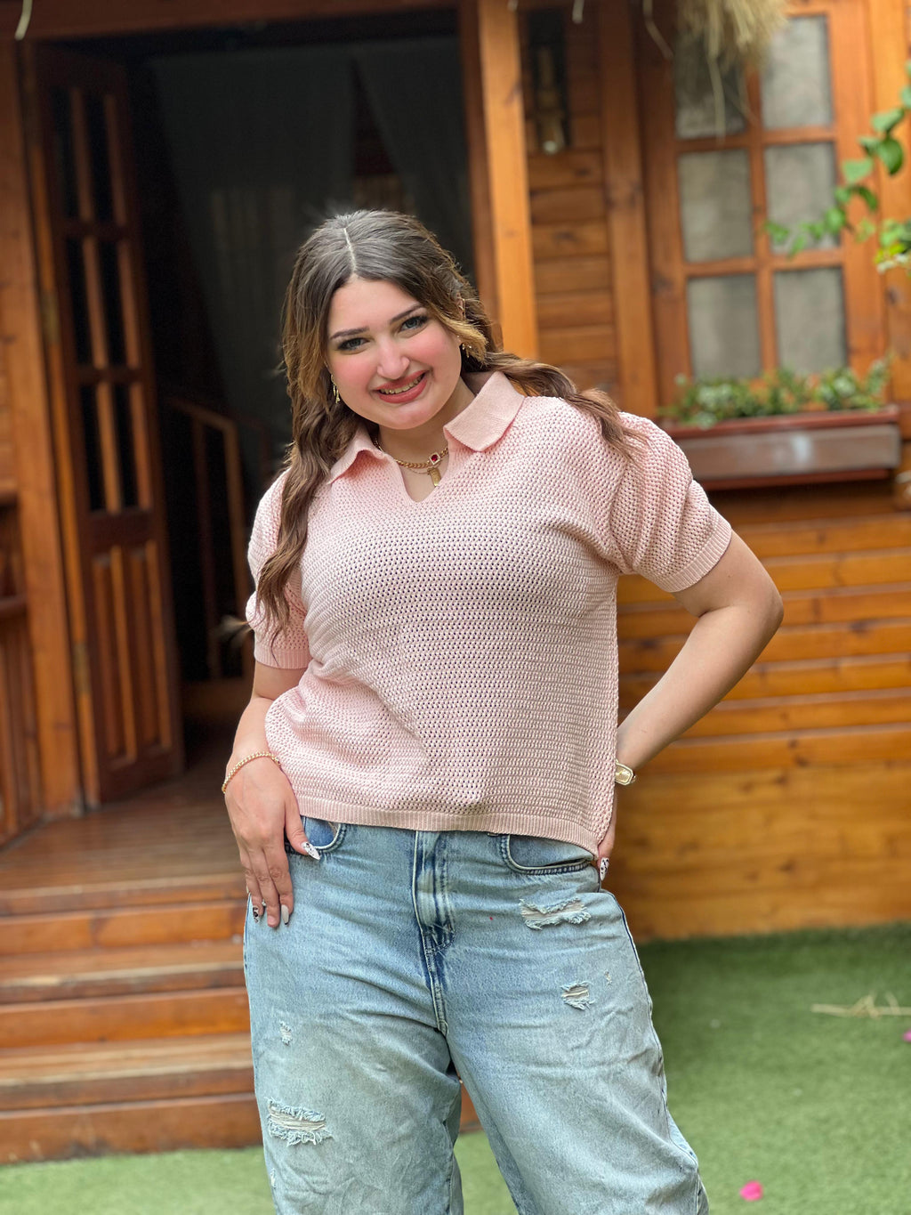 Open Knit Polo Top