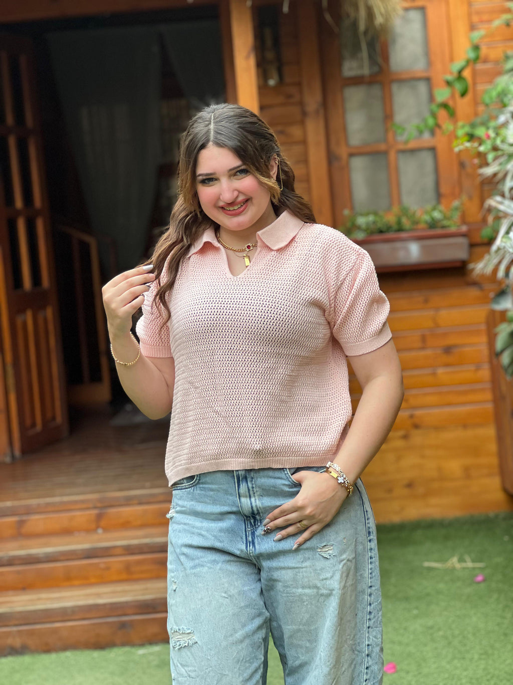 Open Knit Polo Top