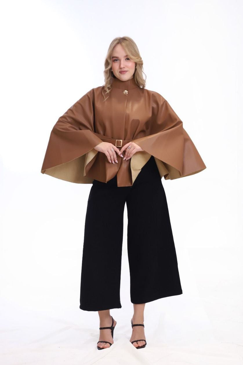 LEATHER CAPE COAT
