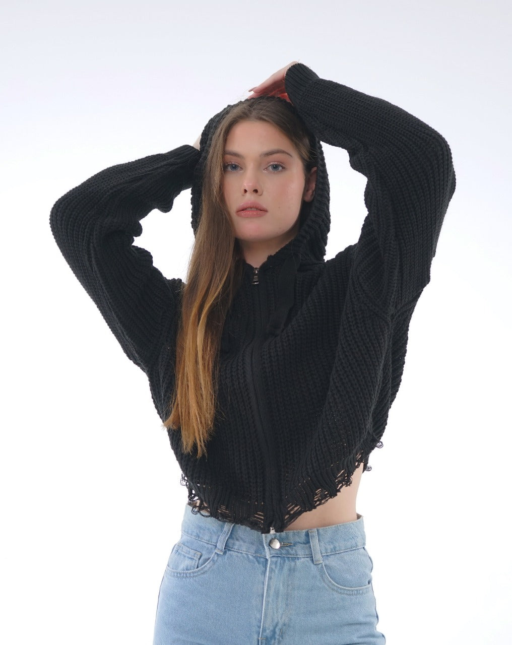 HOODED ZIP KNIT BLOUSE