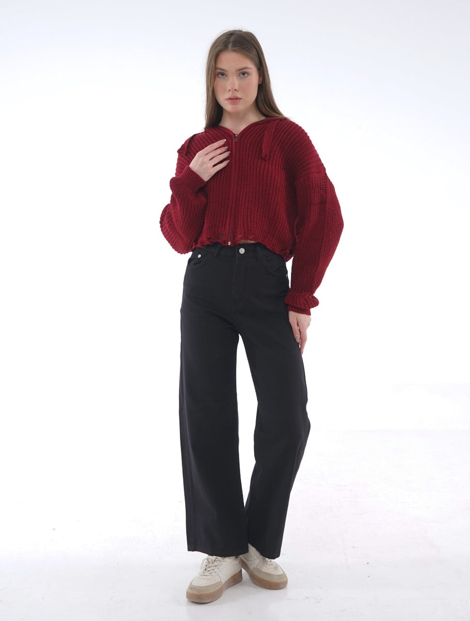 HOODED ZIP KNIT BLOUSE