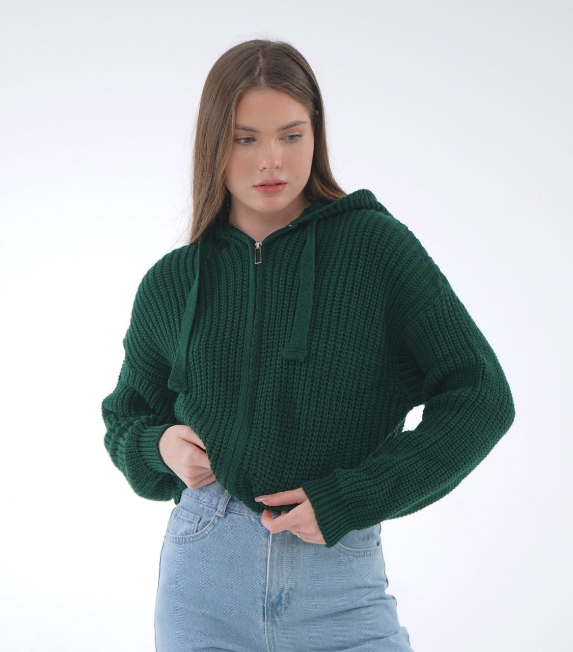 HOODED ZIP KNIT BLOUSE