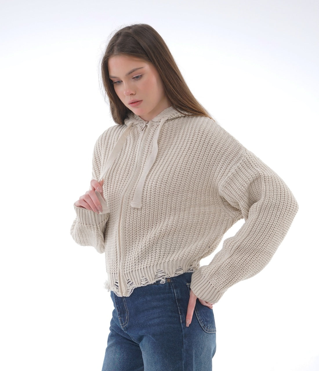 HOODED ZIP KNIT BLOUSE