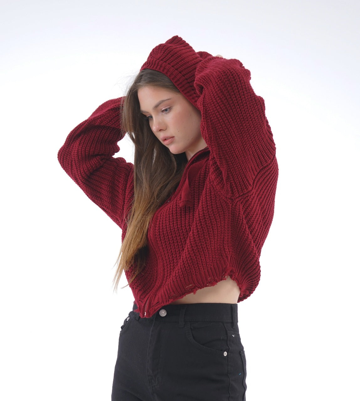 HOODED ZIP KNIT BLOUSE