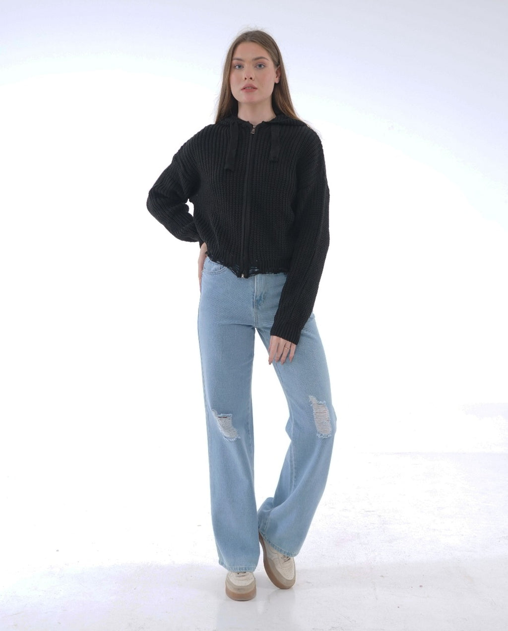 HOODED ZIP KNIT BLOUSE