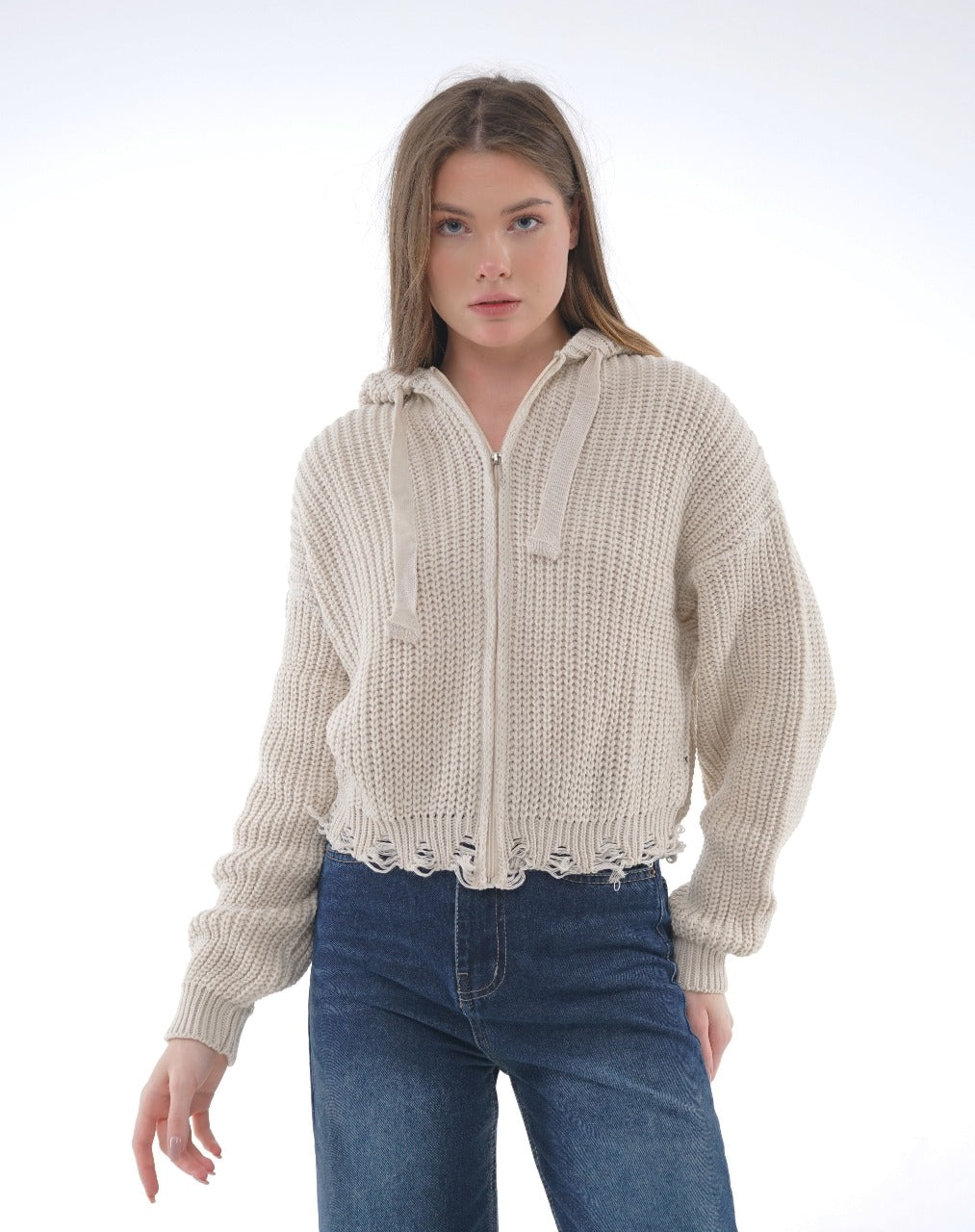 HOODED ZIP KNIT BLOUSE