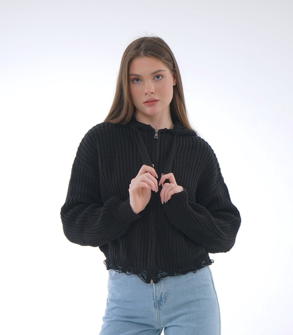 HOODED ZIP KNIT BLOUSE