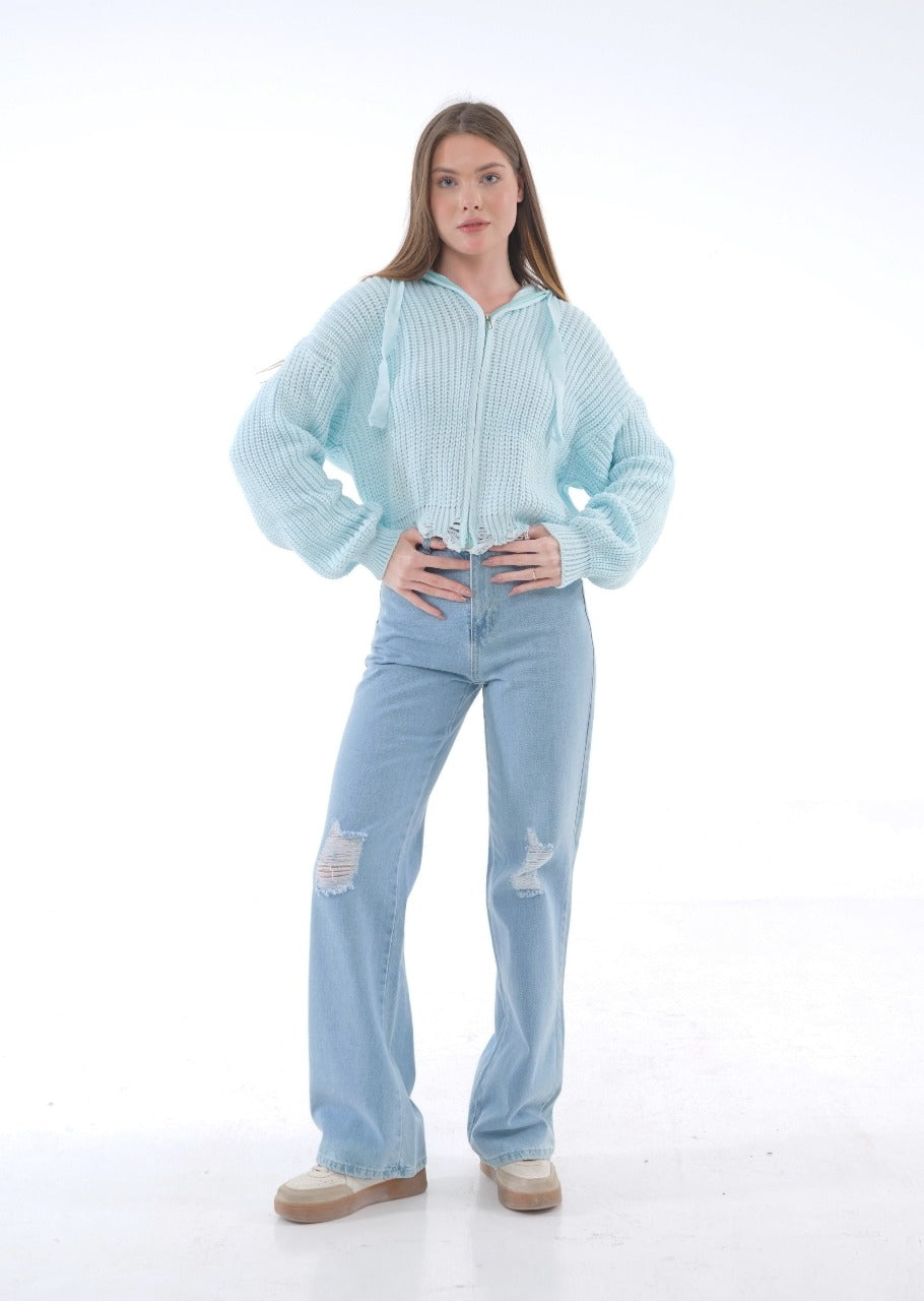 HOODED ZIP KNIT BLOUSE