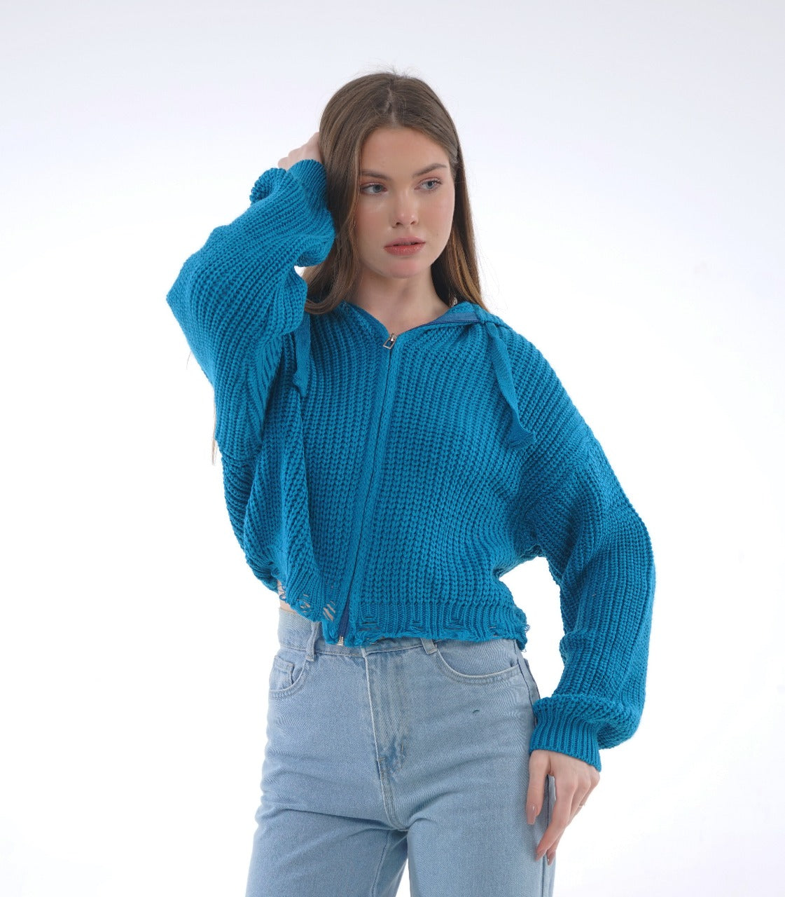 HOODED ZIP KNIT BLOUSE