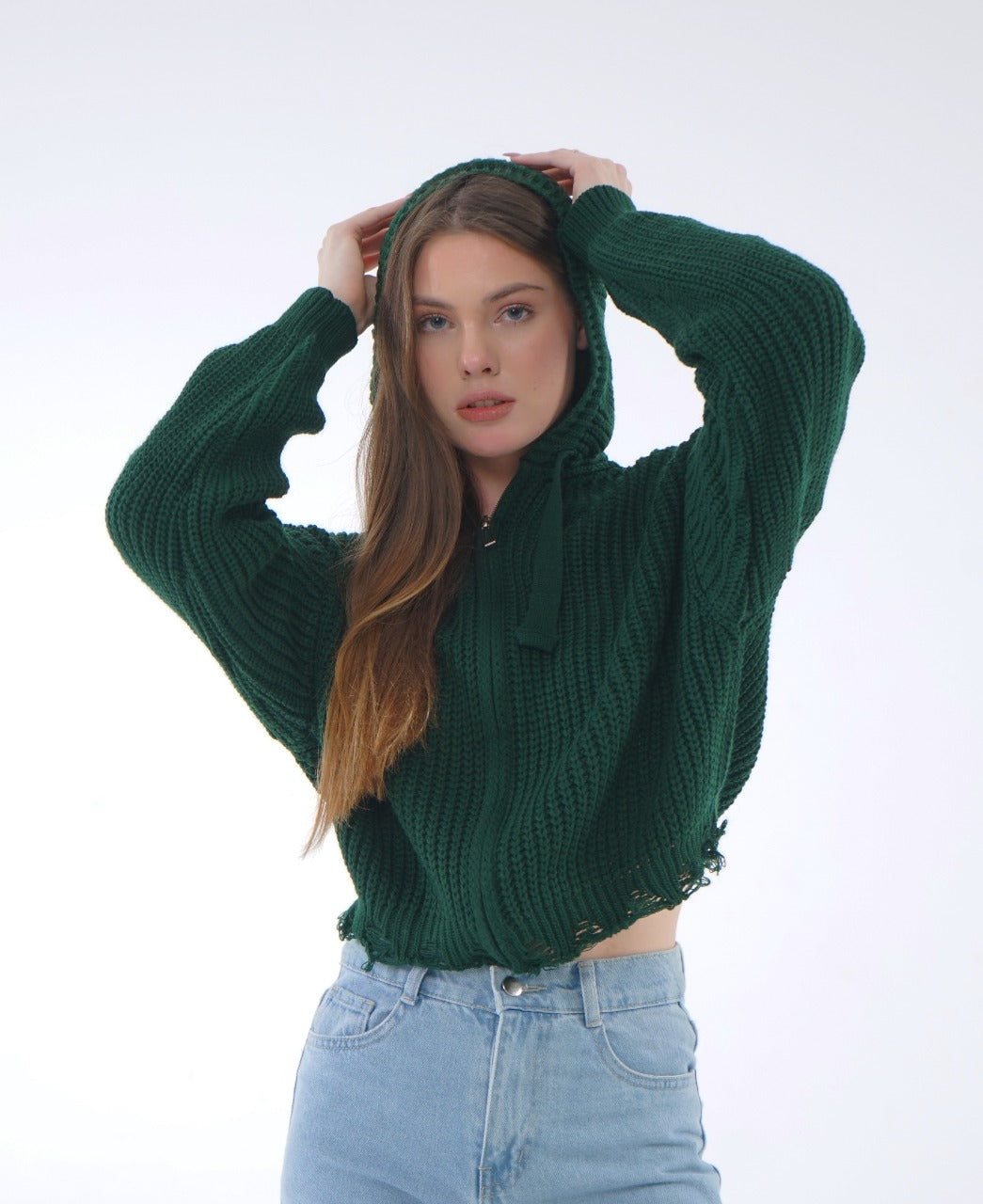 HOODED ZIP KNIT BLOUSE