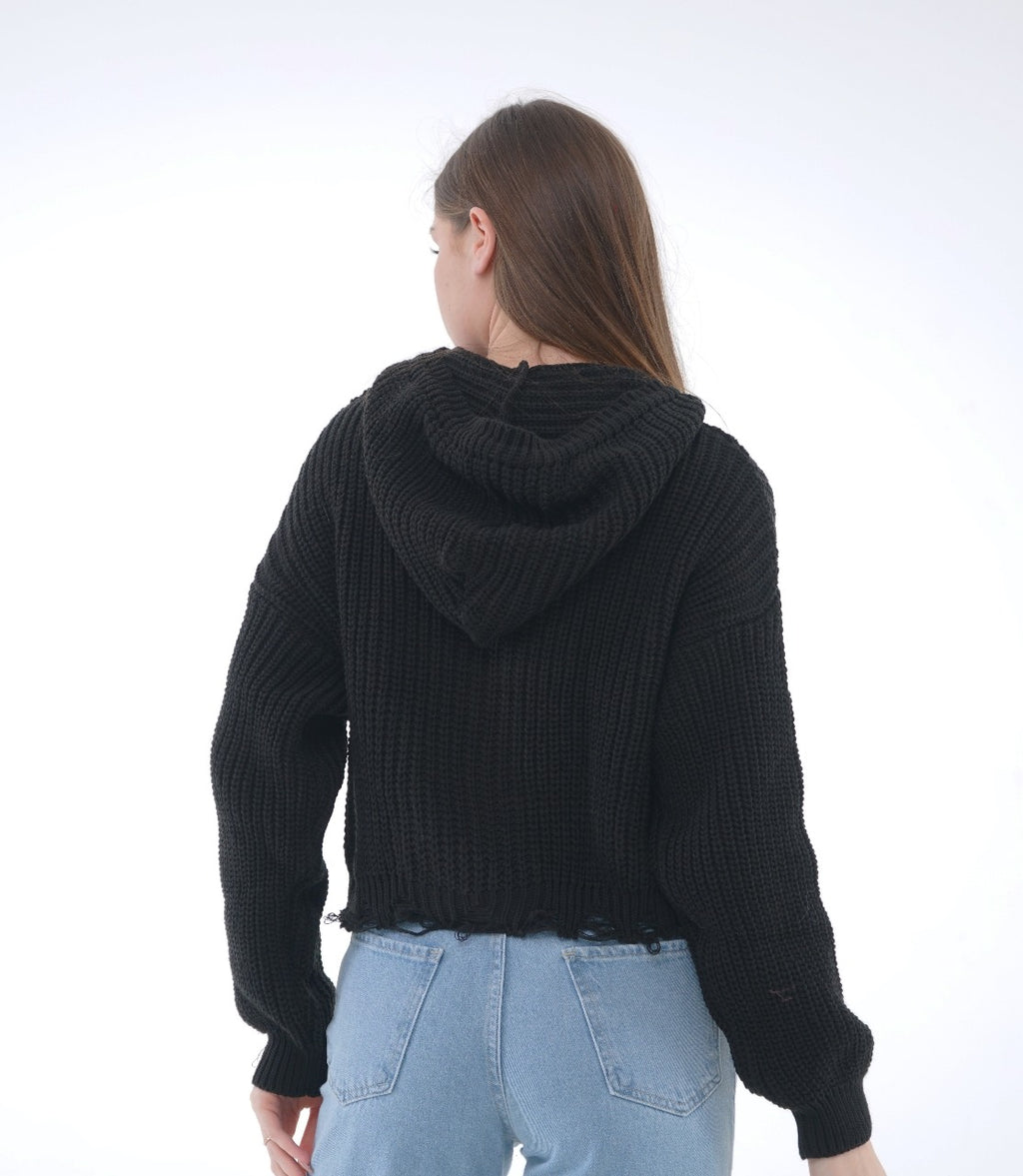 HOODED ZIP KNIT BLOUSE