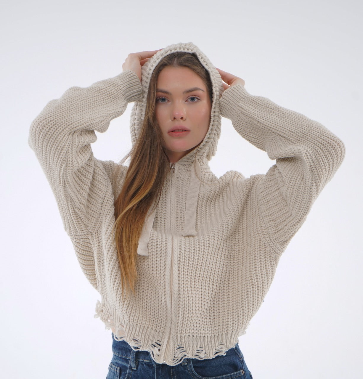 HOODED ZIP KNIT BLOUSE