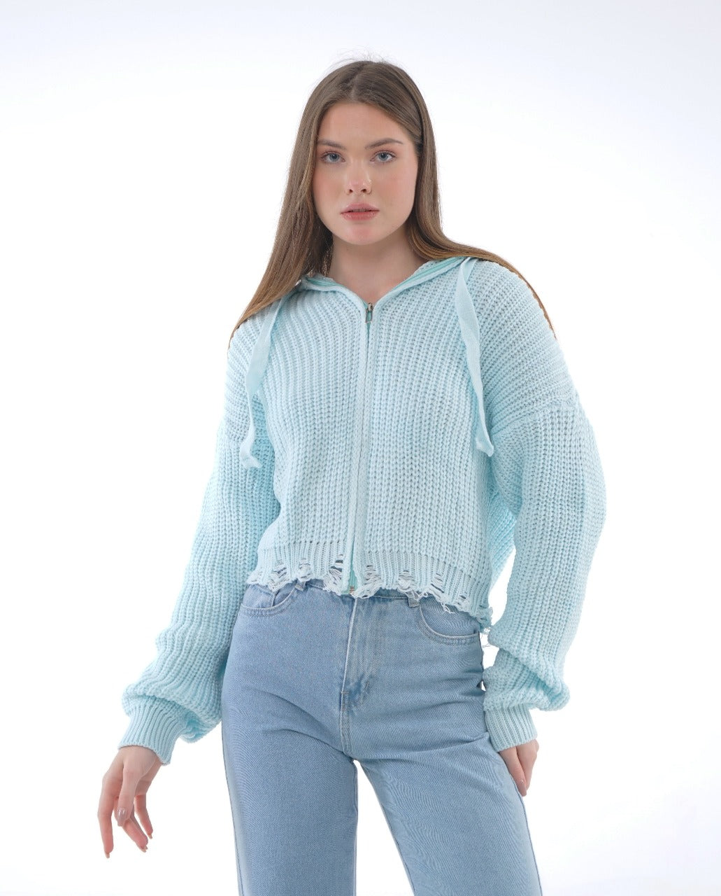 HOODED ZIP KNIT BLOUSE