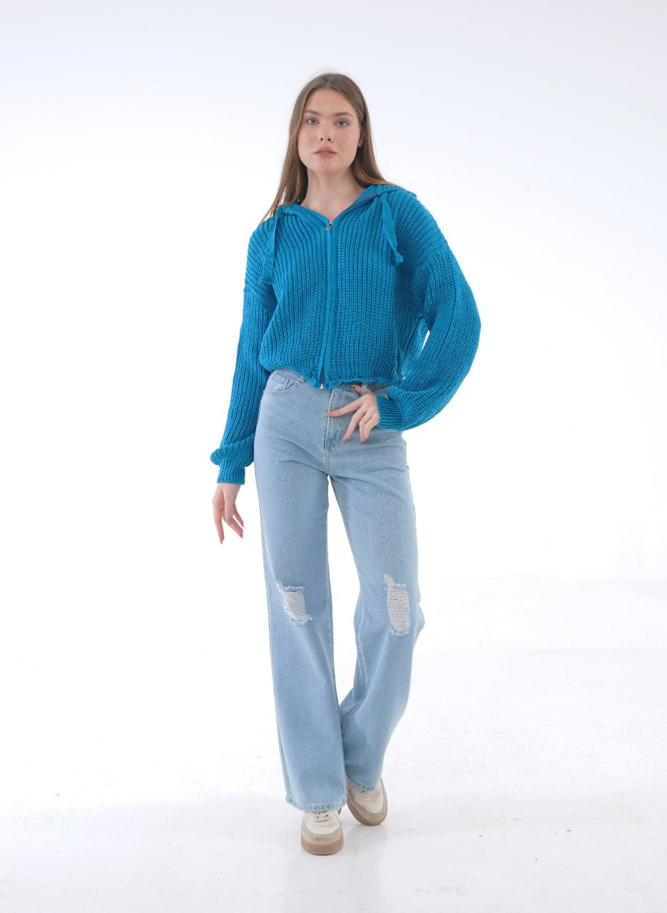 HOODED ZIP KNIT BLOUSE