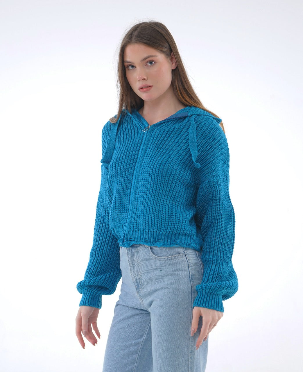 HOODED ZIP KNIT BLOUSE