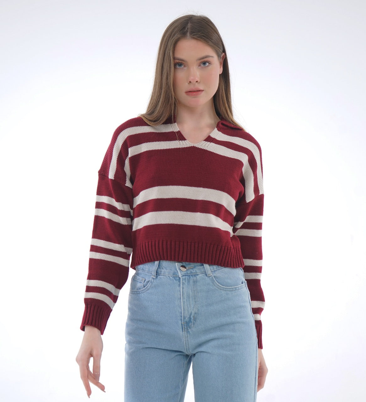 STRIPED KNIT POLO BLOUSE