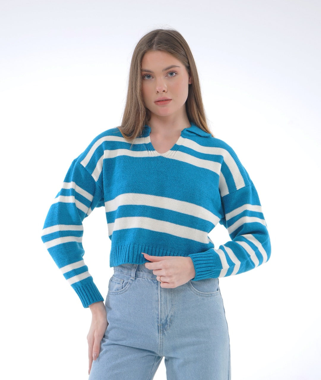 STRIPED KNIT POLO BLOUSE