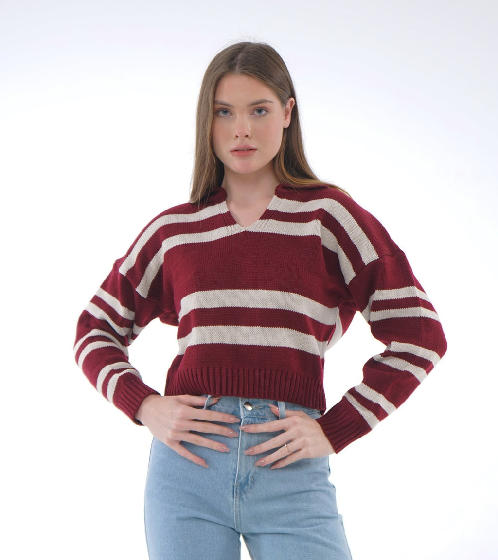 STRIPED KNIT POLO BLOUSE