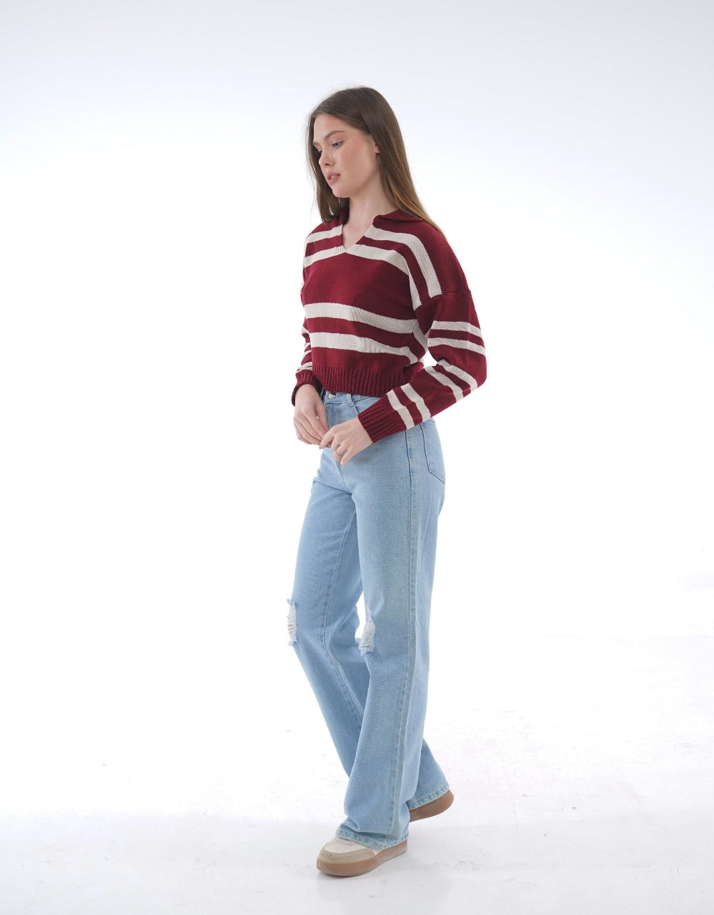 STRIPED KNIT POLO BLOUSE