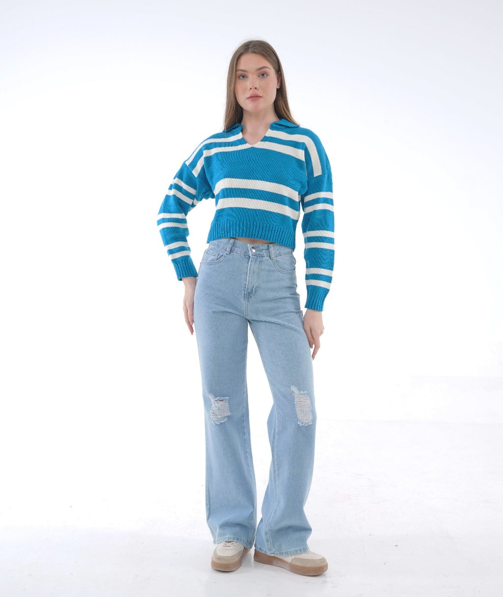 STRIPED KNIT POLO BLOUSE