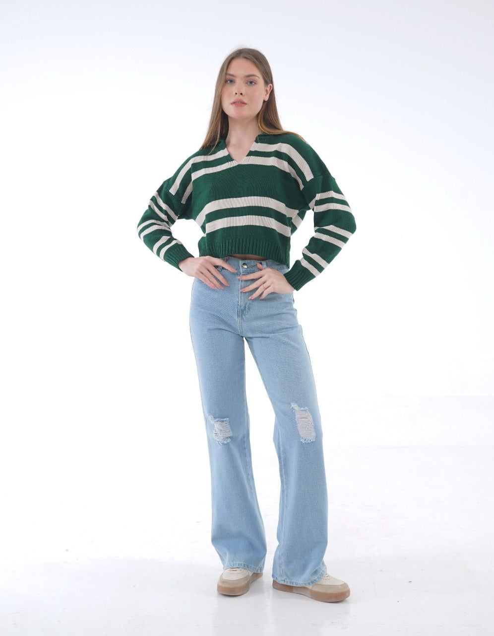 STRIPED KNIT POLO BLOUSE