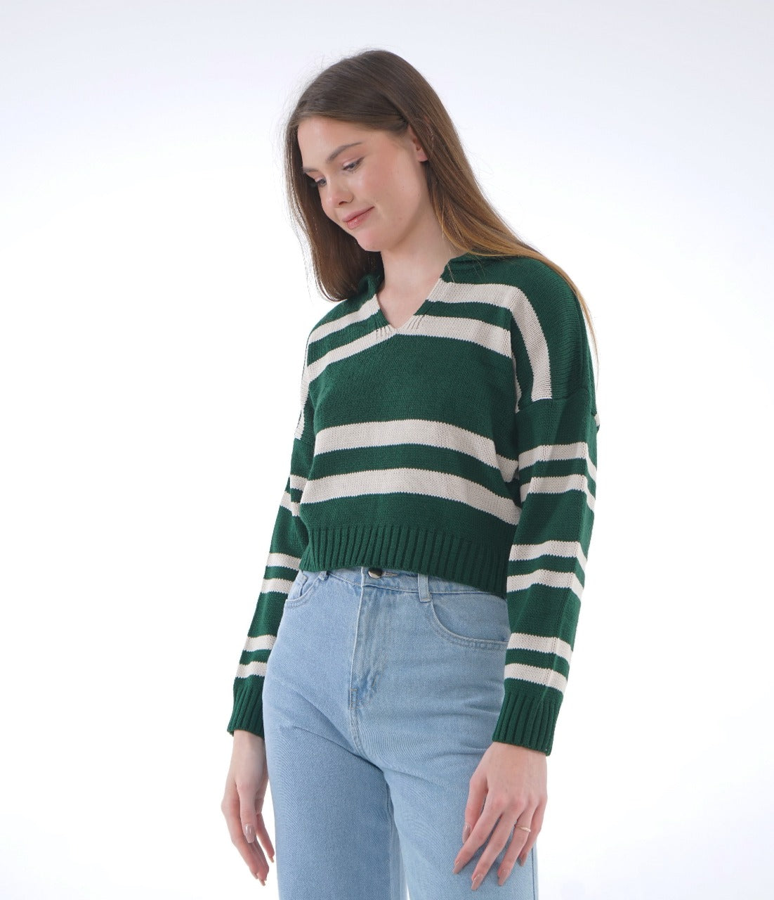 STRIPED KNIT POLO BLOUSE