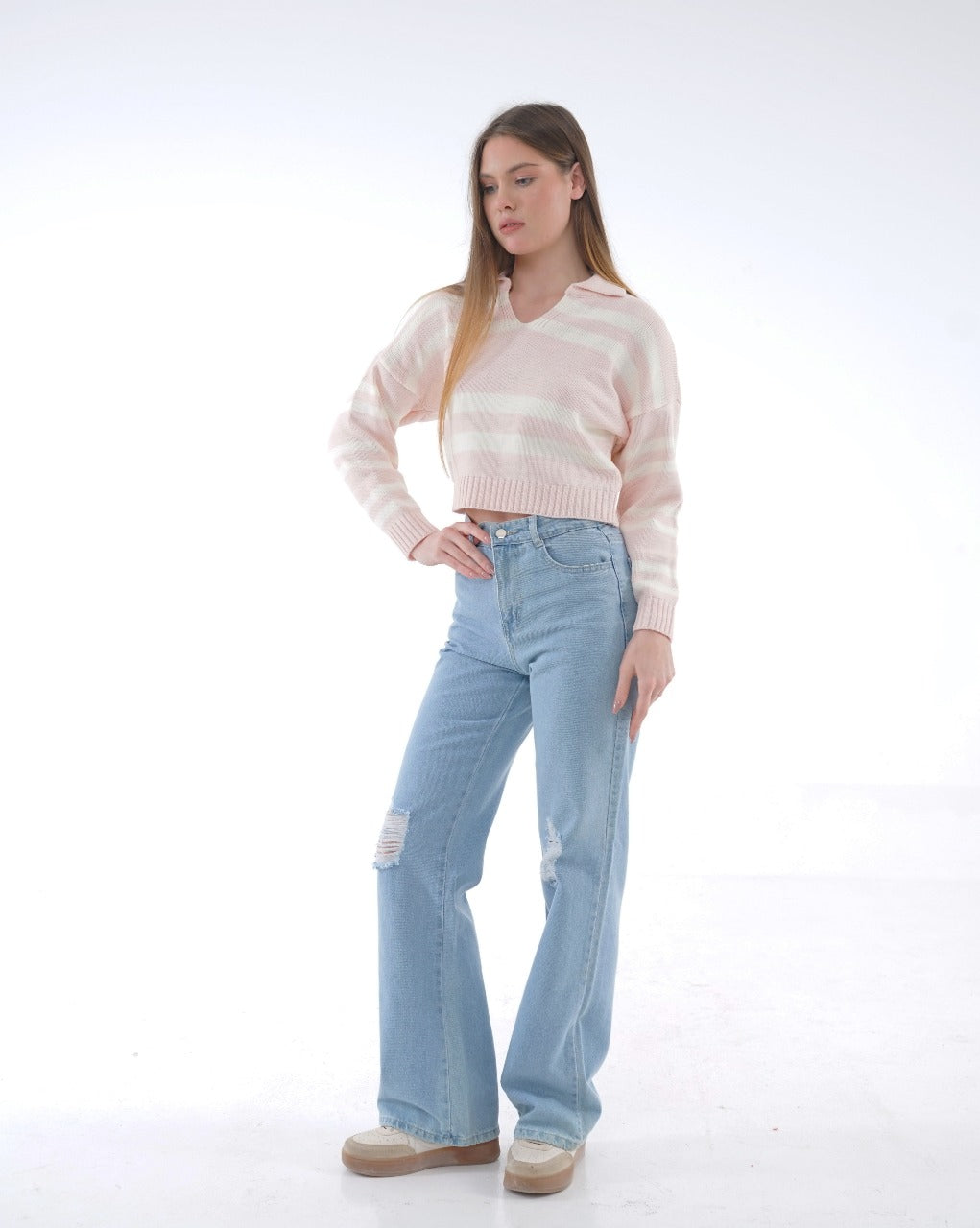 STRIPED KNIT POLO BLOUSE