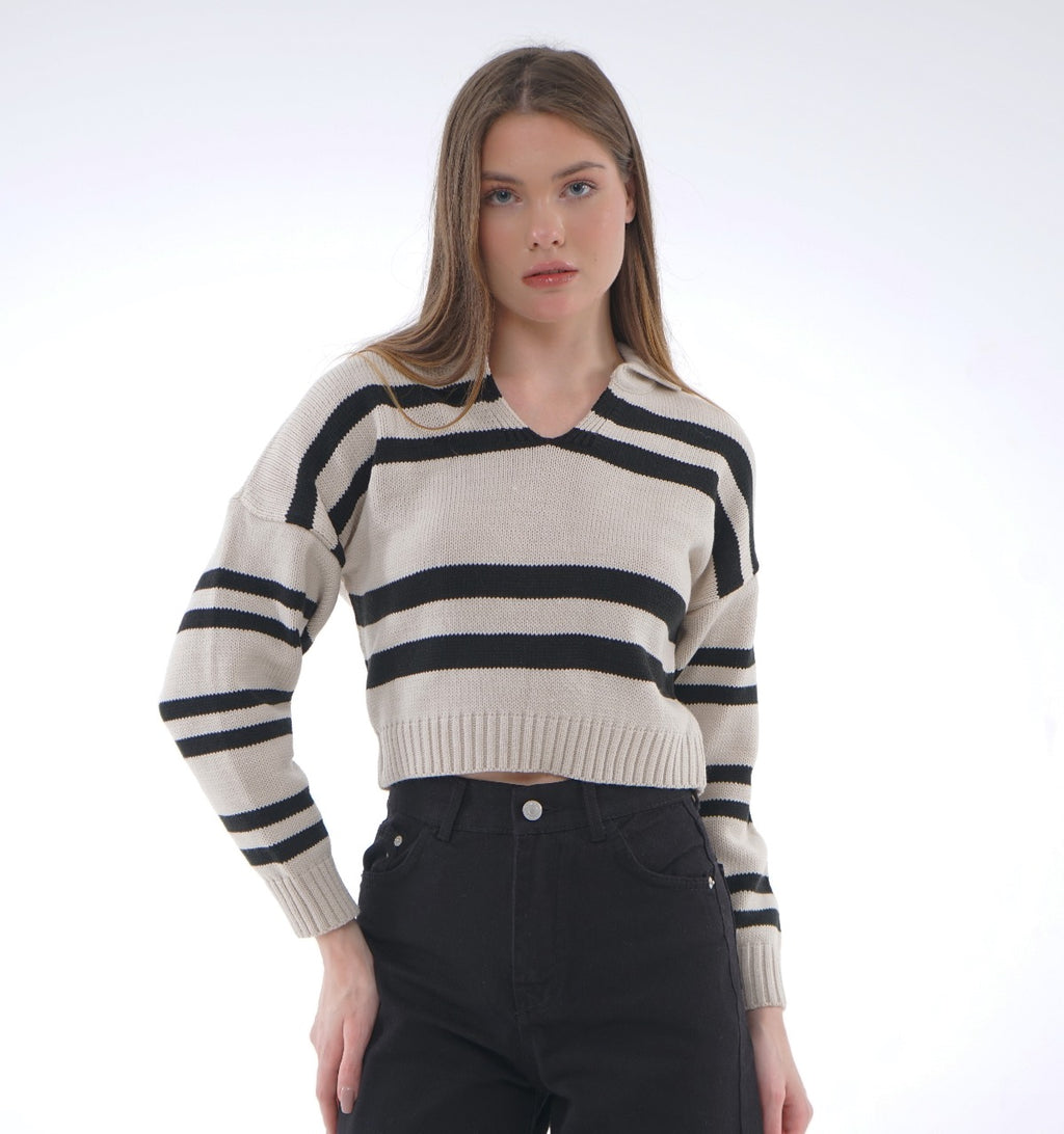 STRIPED KNIT POLO BLOUSE