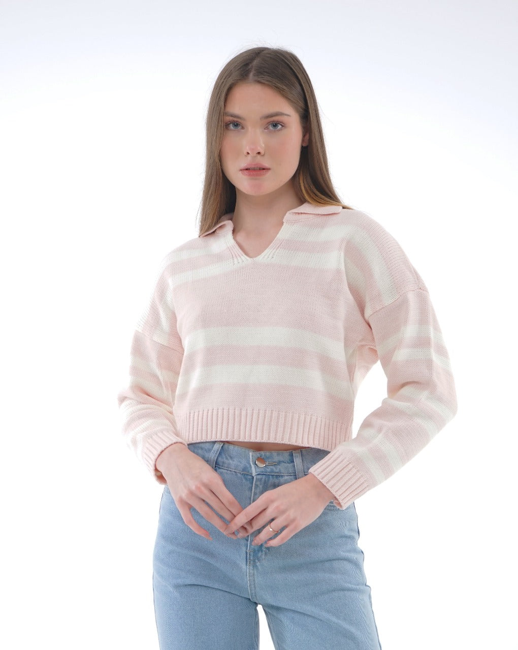 STRIPED KNIT POLO BLOUSE