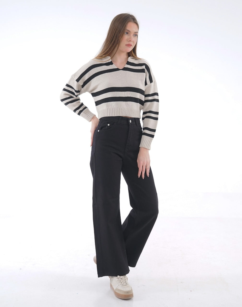 STRIPED KNIT POLO BLOUSE