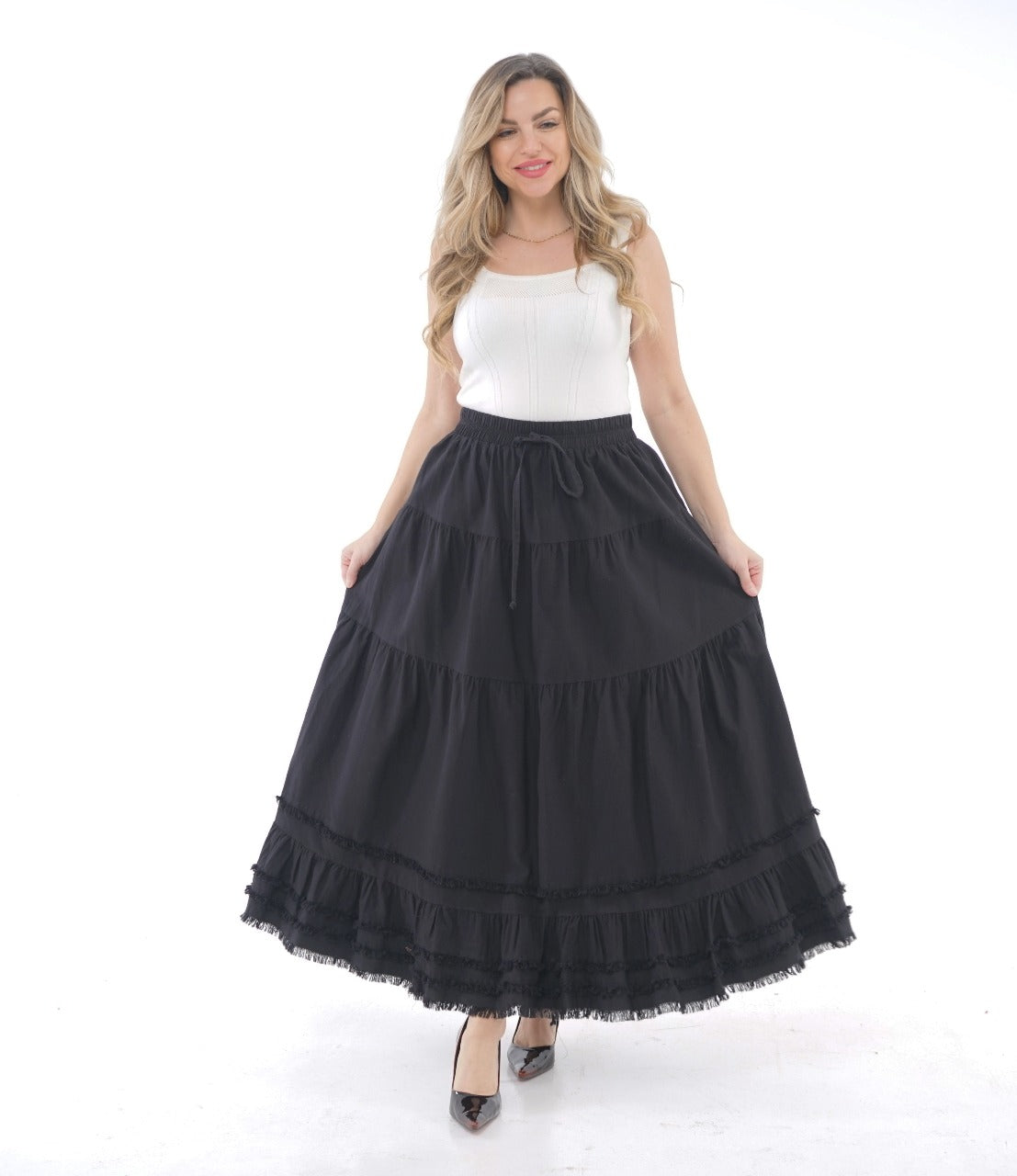 TIERED ELASTIC MIDI SKIRT
