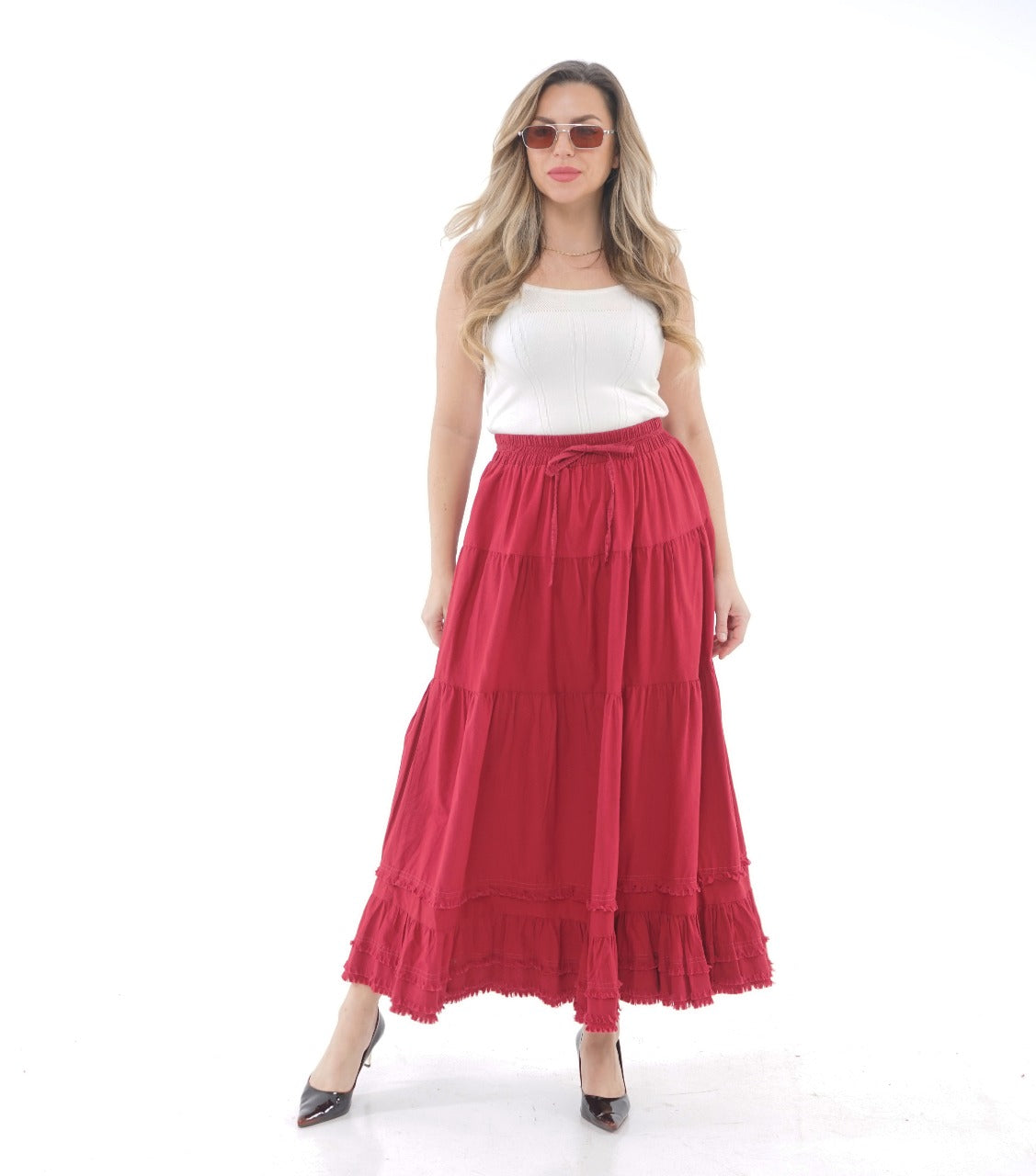 TIERED ELASTIC MIDI SKIRT