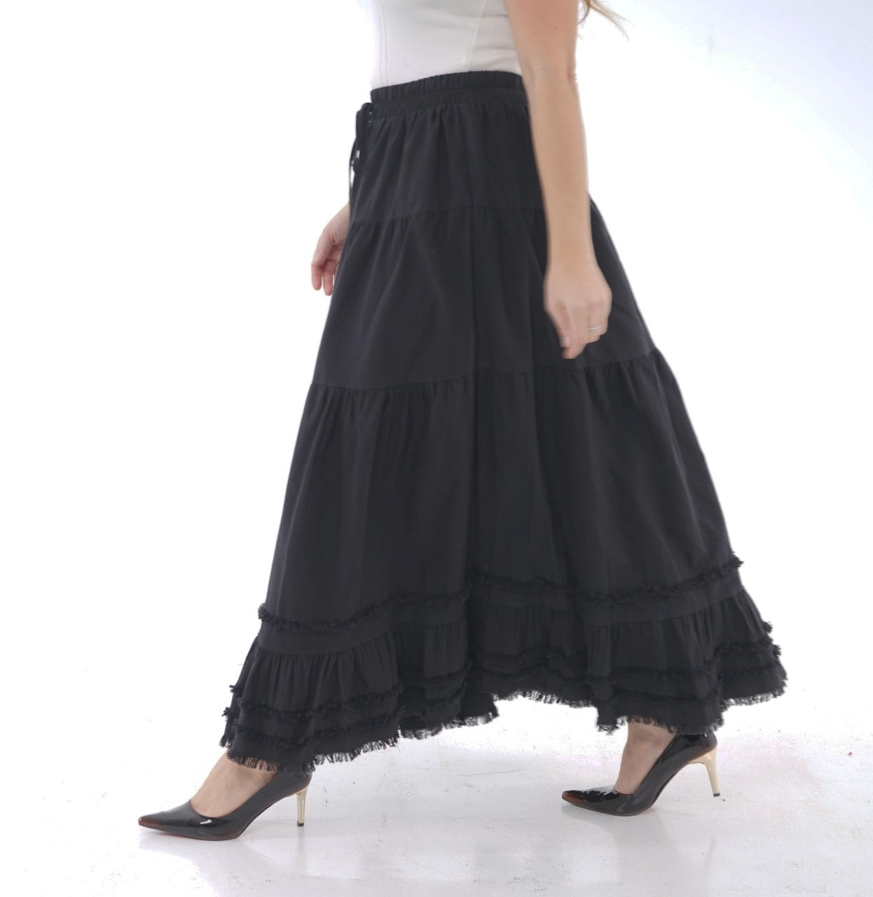 TIERED ELASTIC MIDI SKIRT