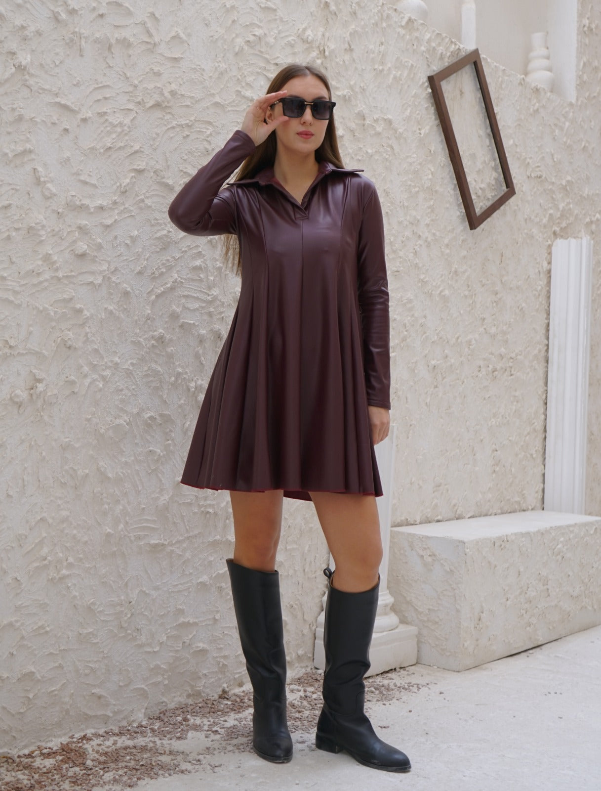 LEATHER COLLAR MINI DRESS