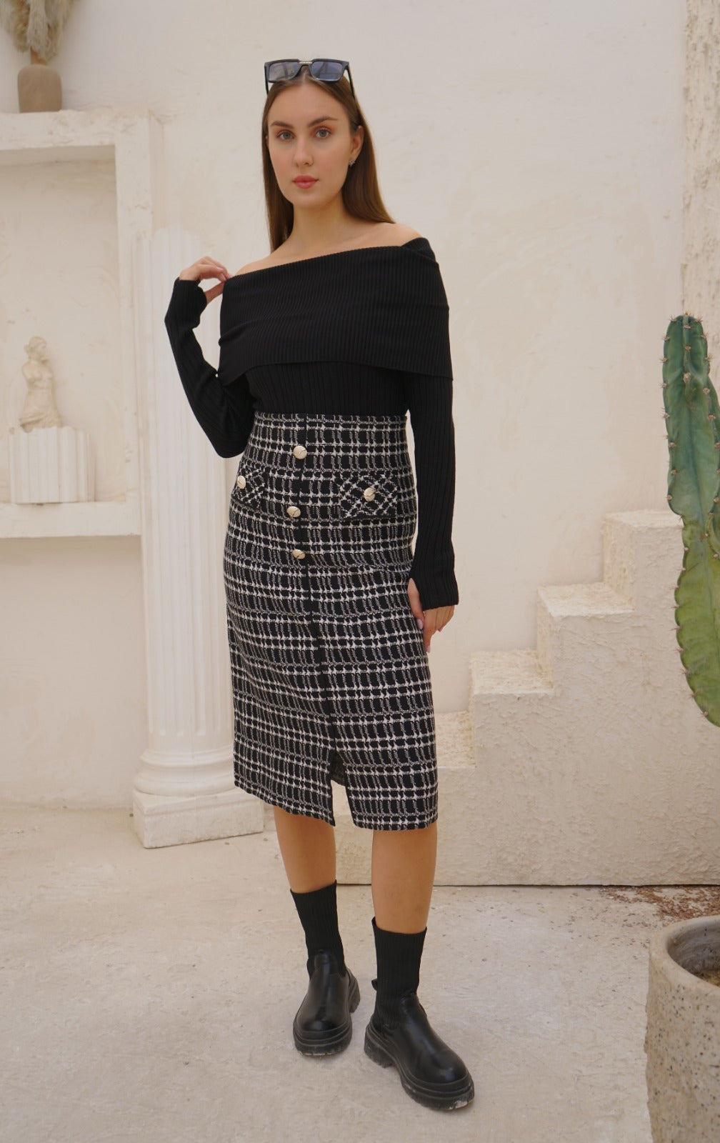 CHECKED MIDI SKIRT