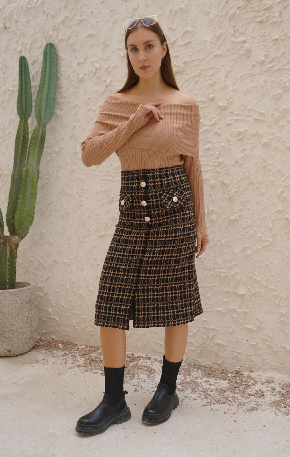 CHECKED MIDI SKIRT
