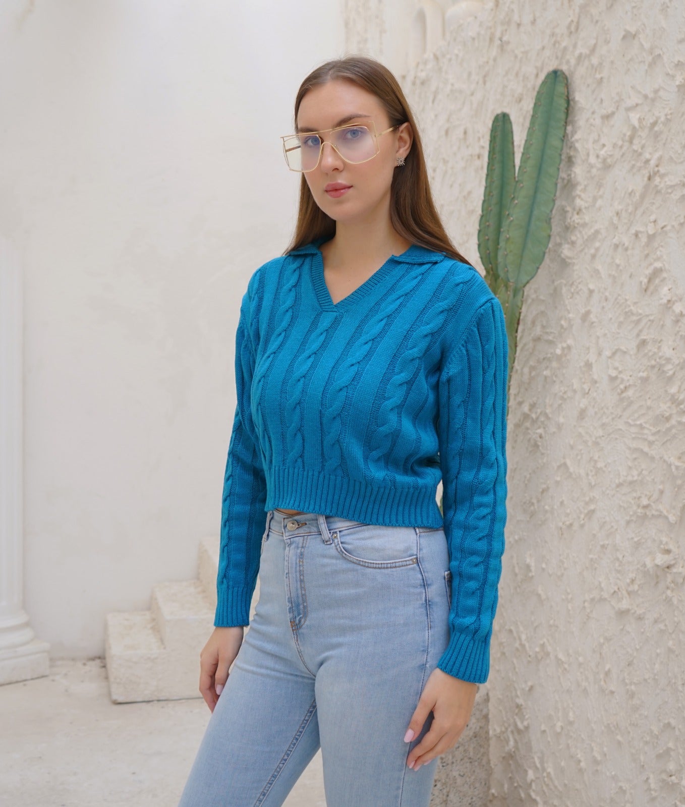 CABLE COLLAR KNIT BLOUSE