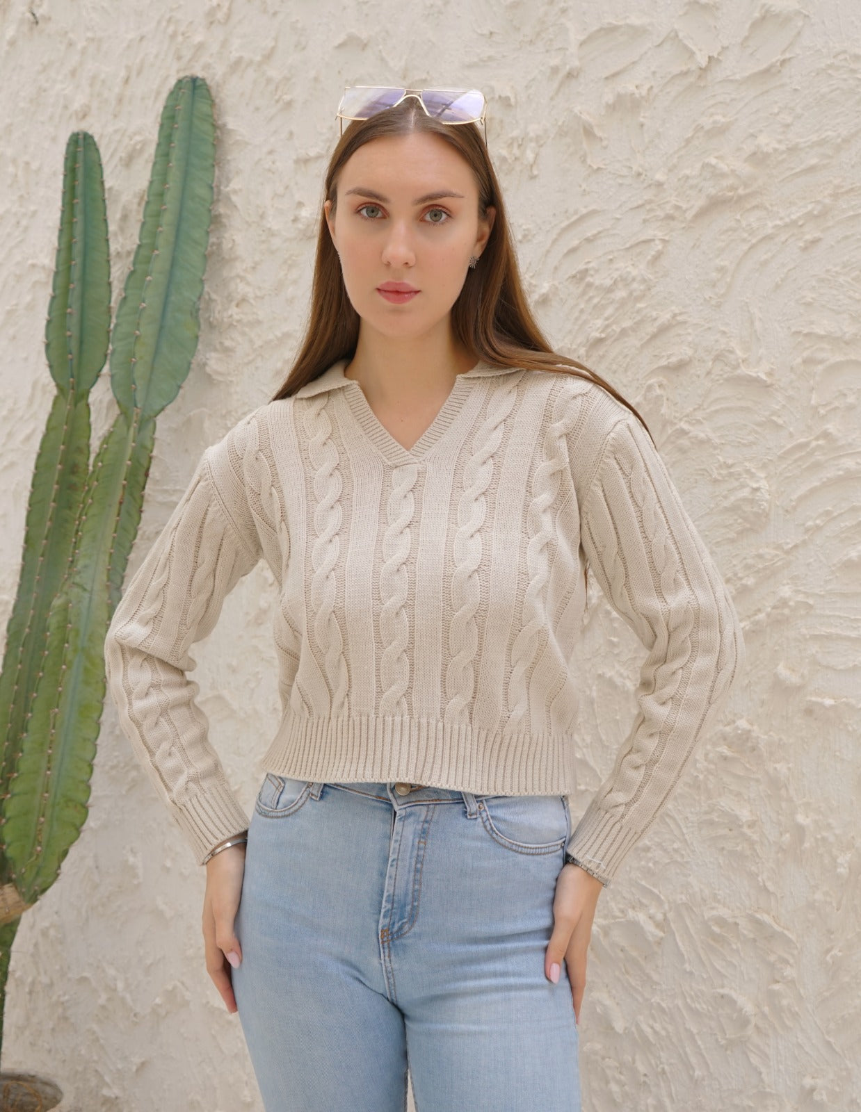 CABLE COLLAR KNIT BLOUSE
