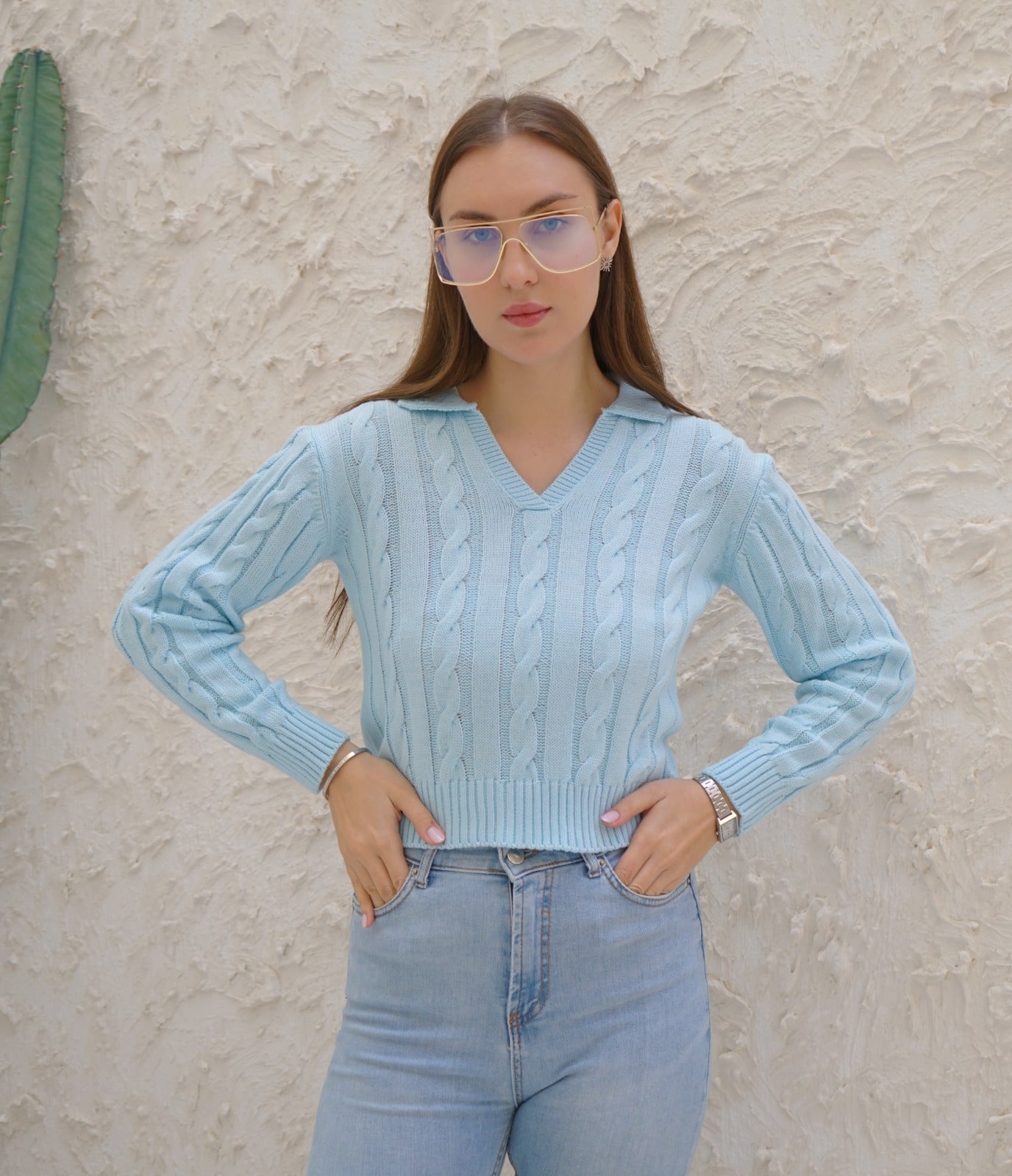 CABLE COLLAR KNIT BLOUSE