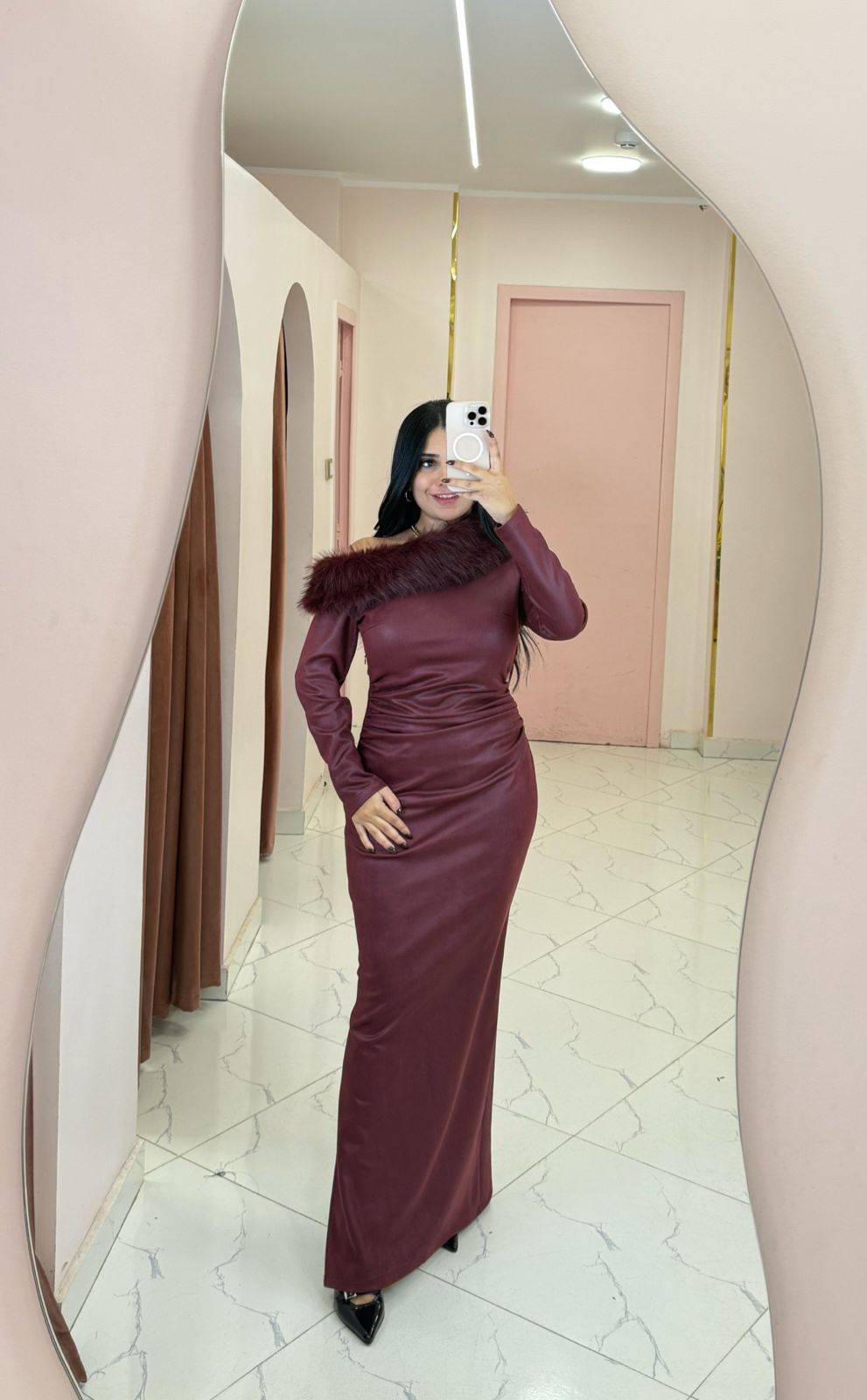 FUR SHOULDER MAXI DRESS