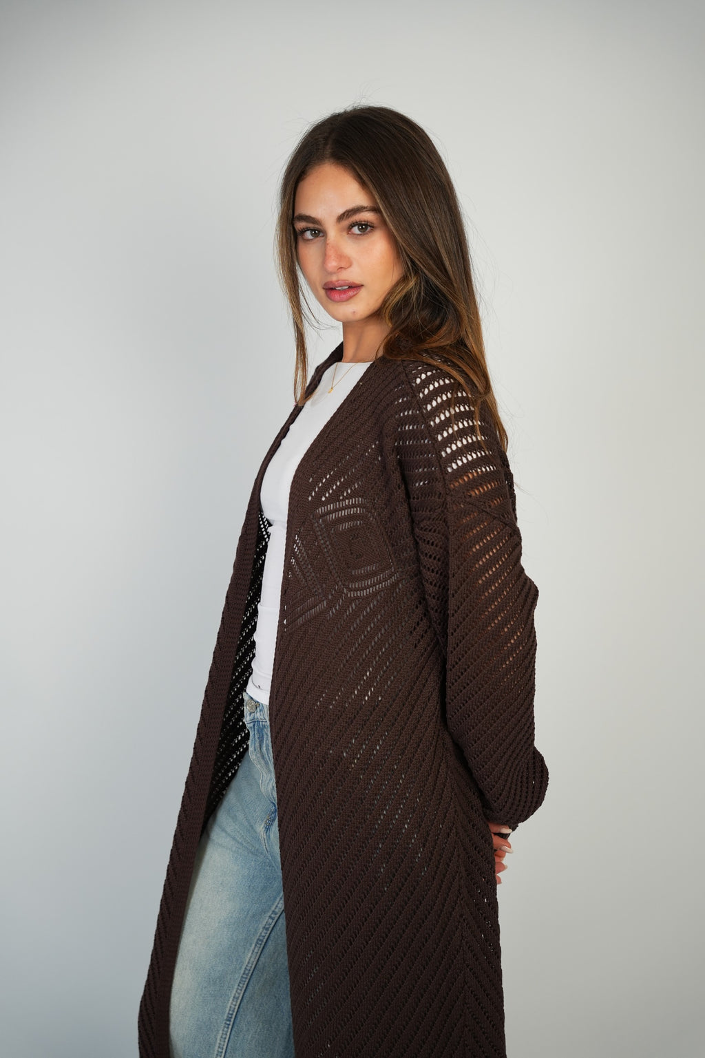 Brown Mesh Maxi Cardigan