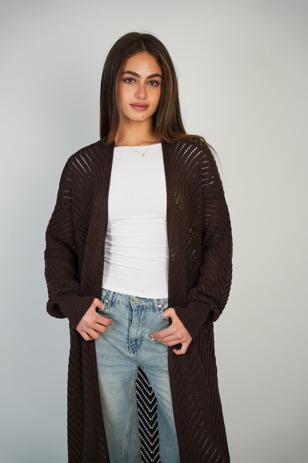 Brown Mesh Maxi Cardigan