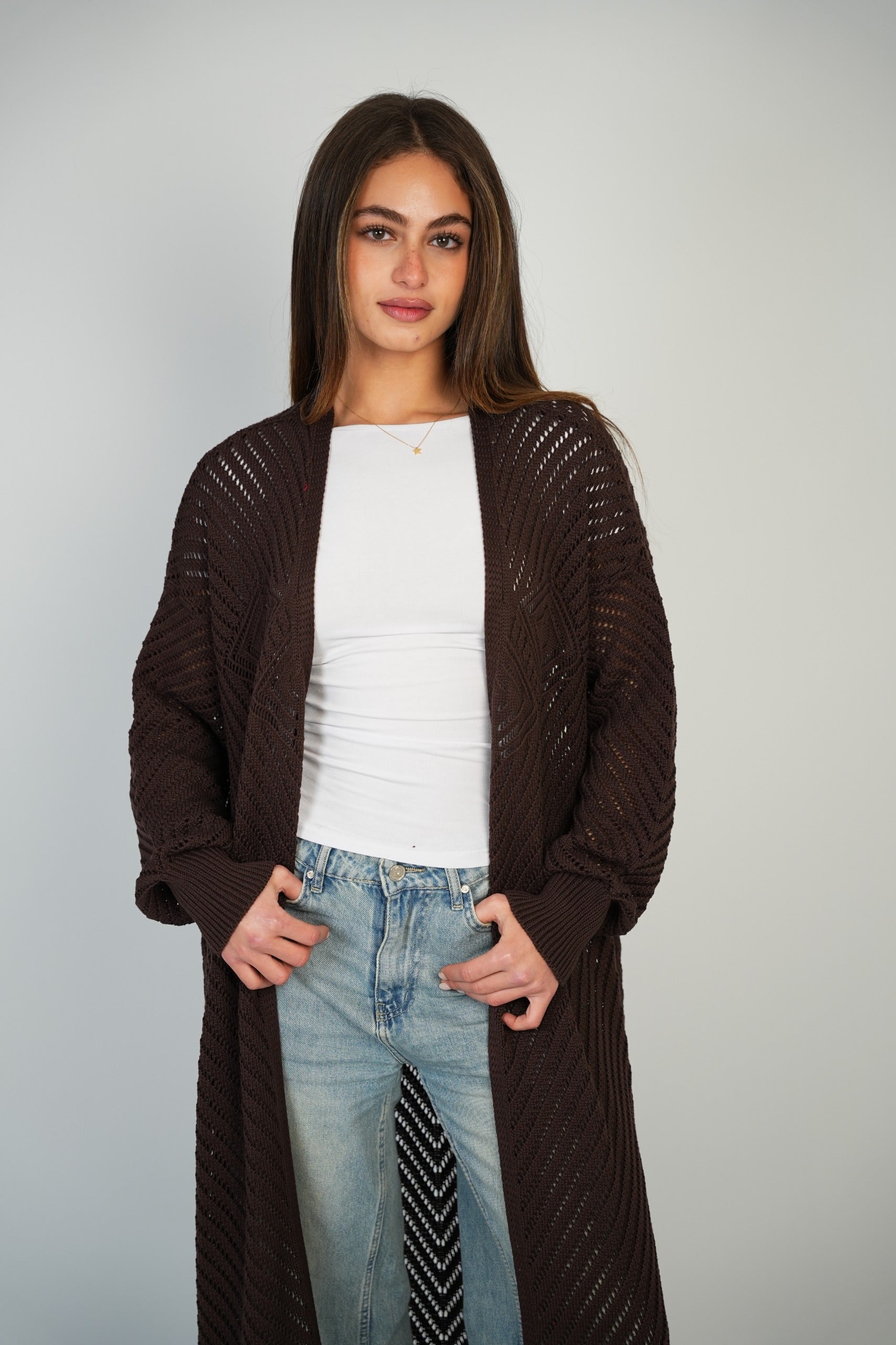 Brown Mesh Maxi Cardigan