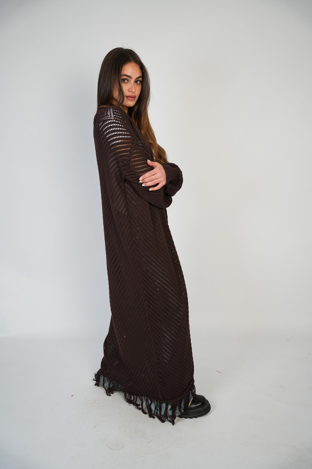 Brown Mesh Maxi Cardigan