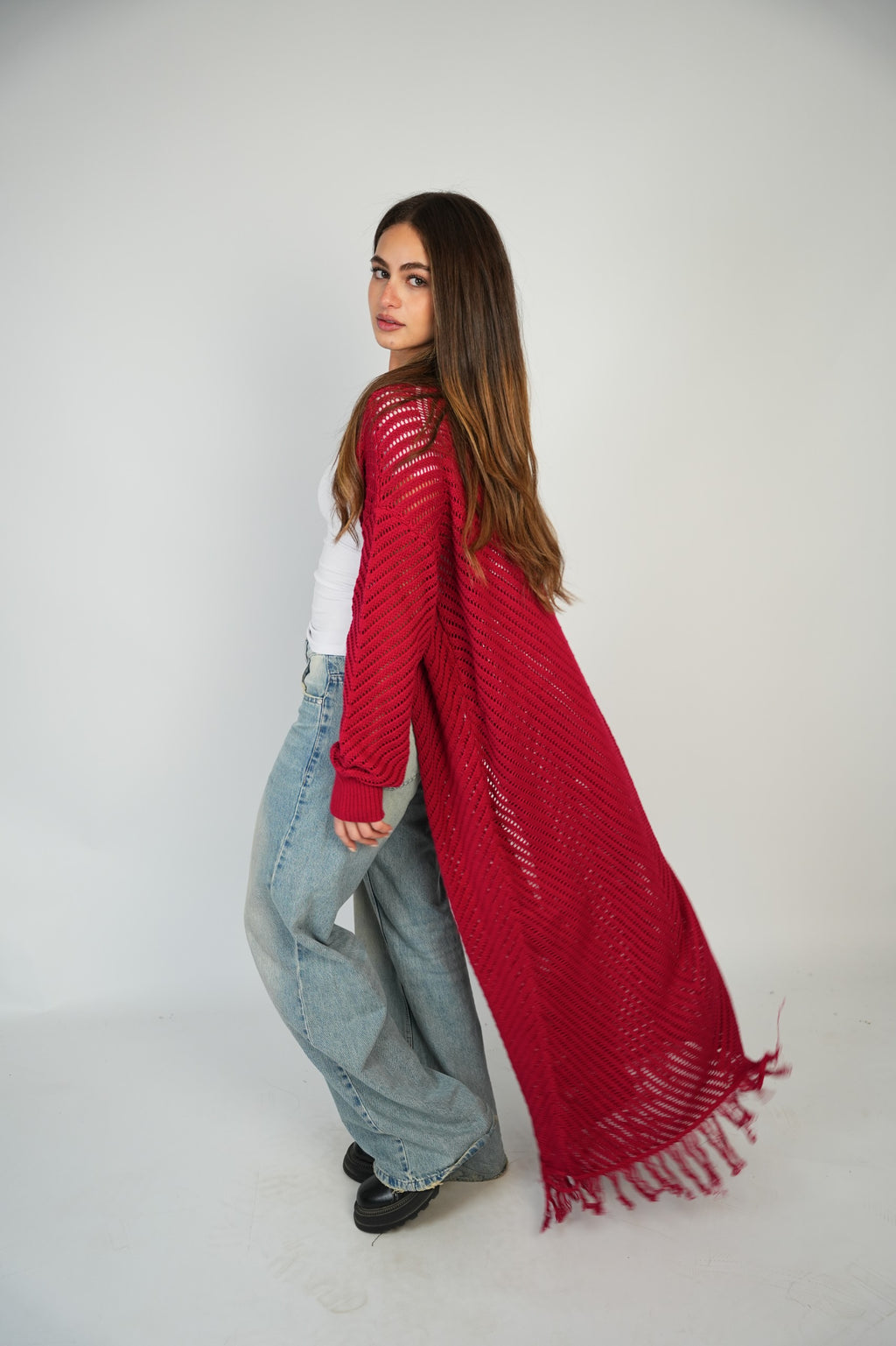 Red Mesh Maxi Cardigan